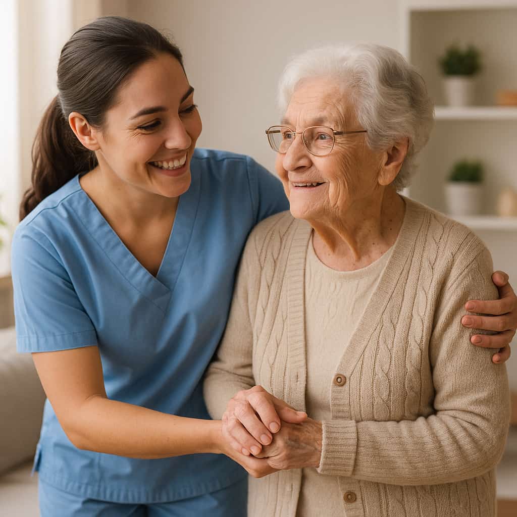 Caregiver supporting elderly woman